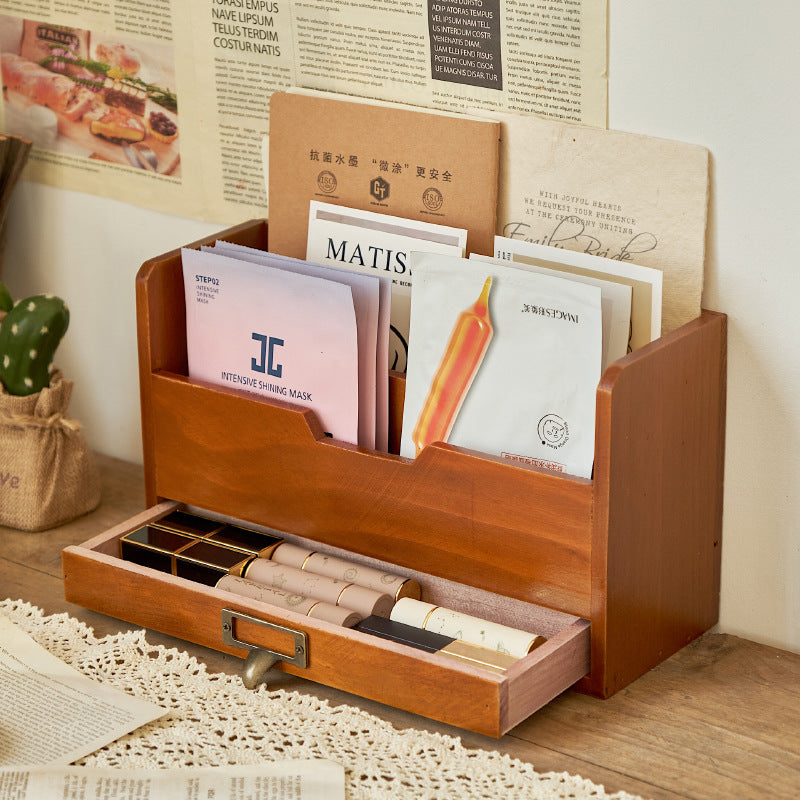Retro Style Wooden Desktop Drawer Organizer Box - Office File Storage Cabinet