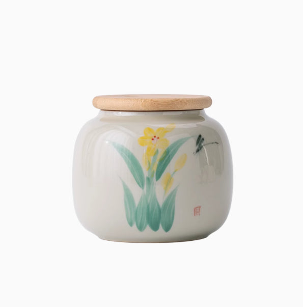 Wood Ash Hand Painted Orchid Tea Caddy Ceramic Underglaze Seal