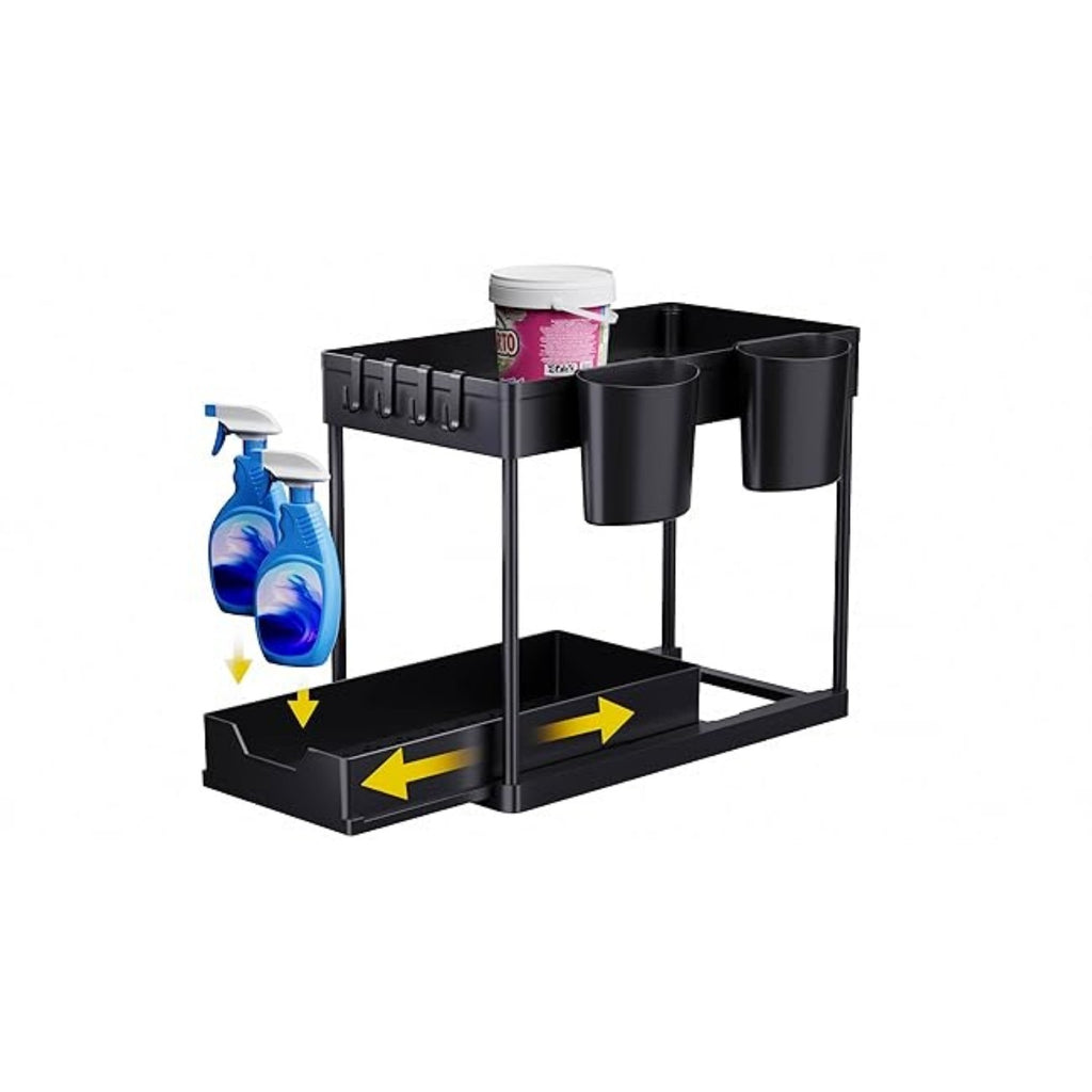 Kitchen Organizer: 2-Tier Under-Sink Shelf With Hooks And Cups, Spice Rack,