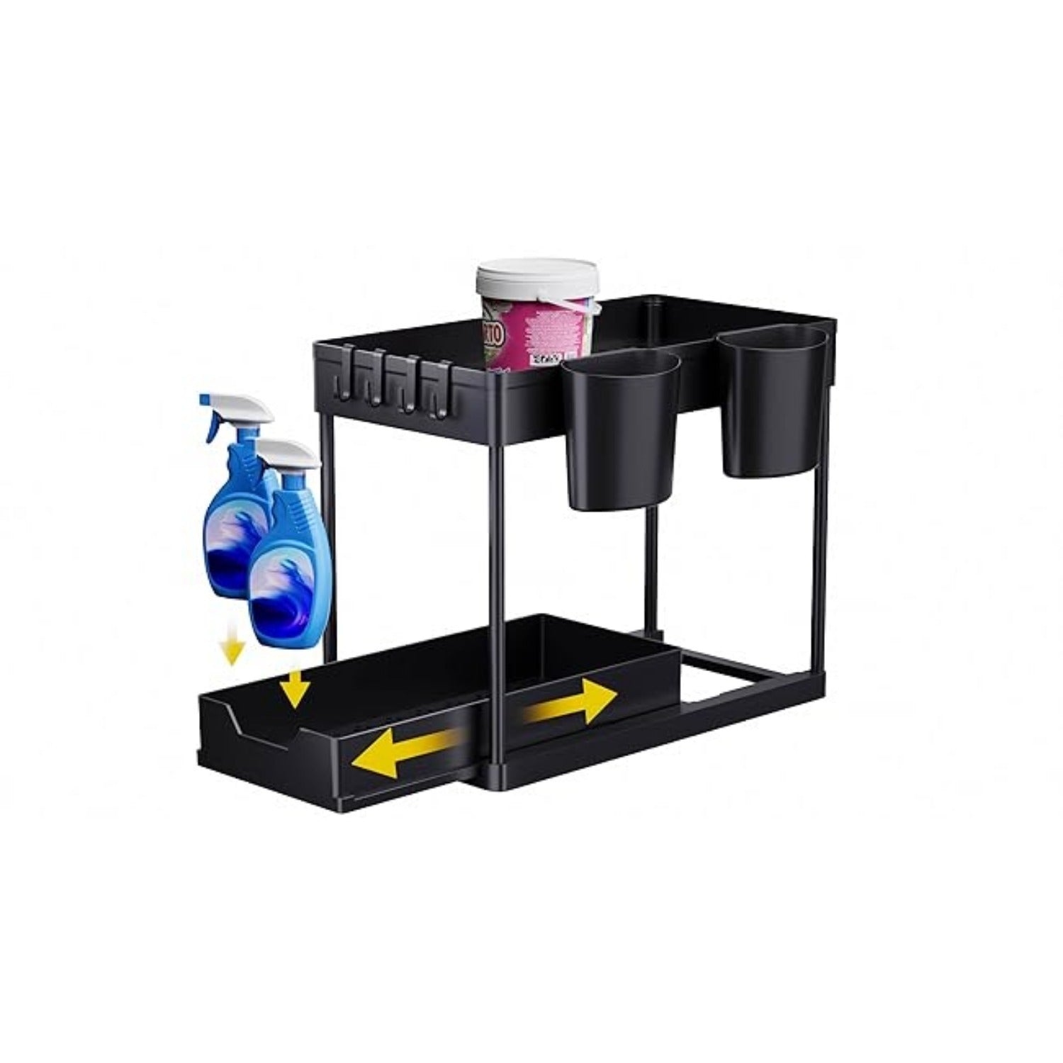 Kitchen Organizer: 2-Tier Under-Sink Shelf With Hooks And Cups, Spice Rack,