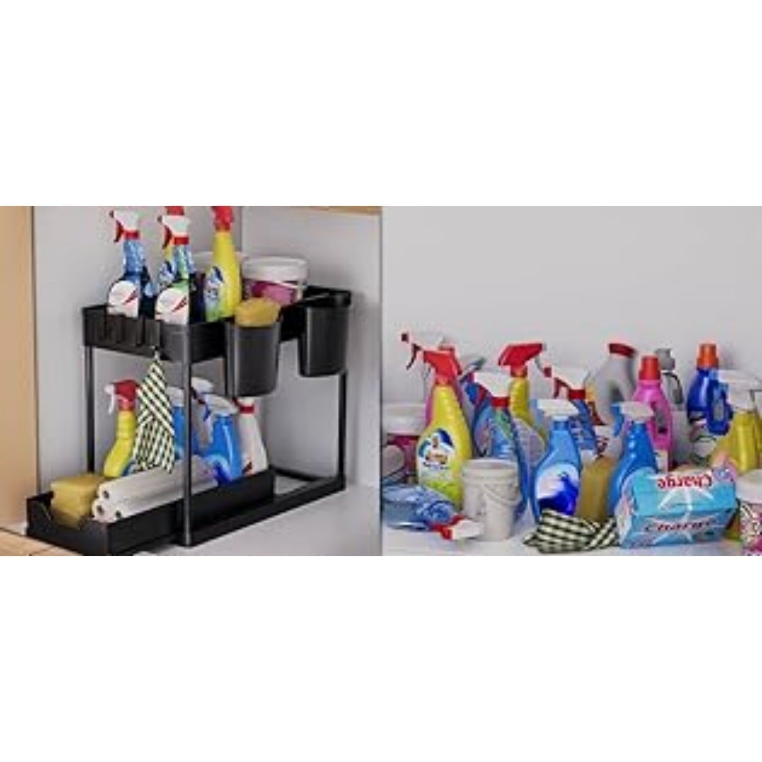 Kitchen Organizer: 2-Tier Under-Sink Shelf With Hooks And Cups, Spice Rack,