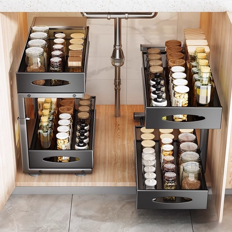 Pull-out Double-layer Lath Drawer Kitchen Cabinet Spice Jar Pull-out B