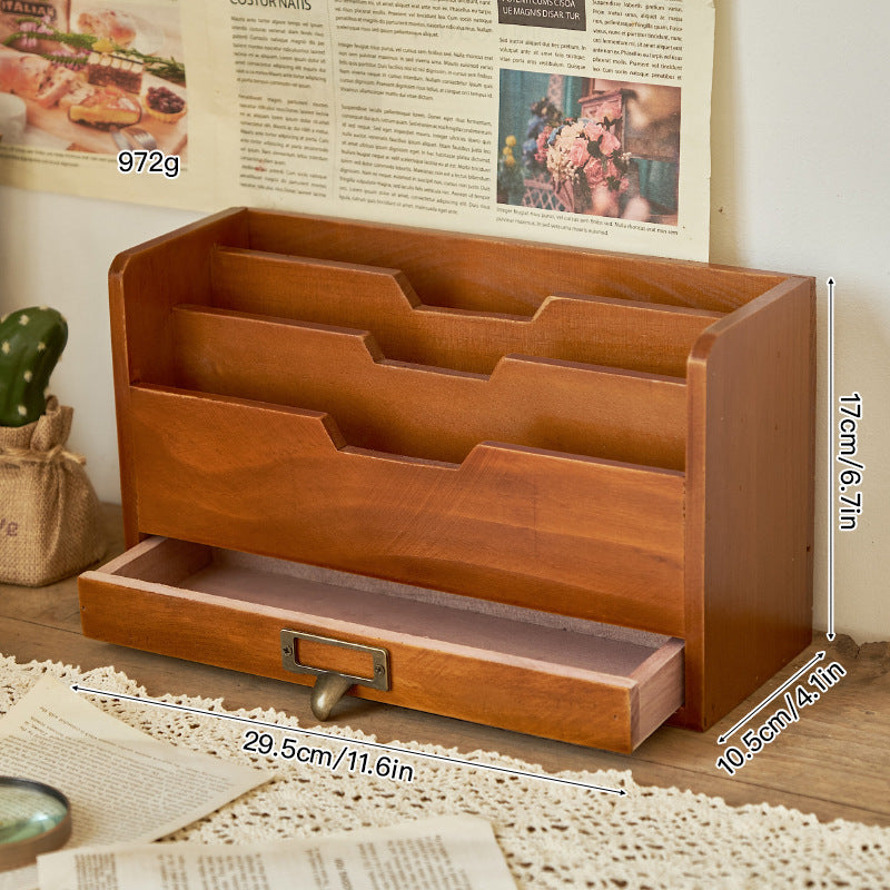 Retro Style Wooden Desktop Drawer Organizer Box - Office File Storage Cabinet