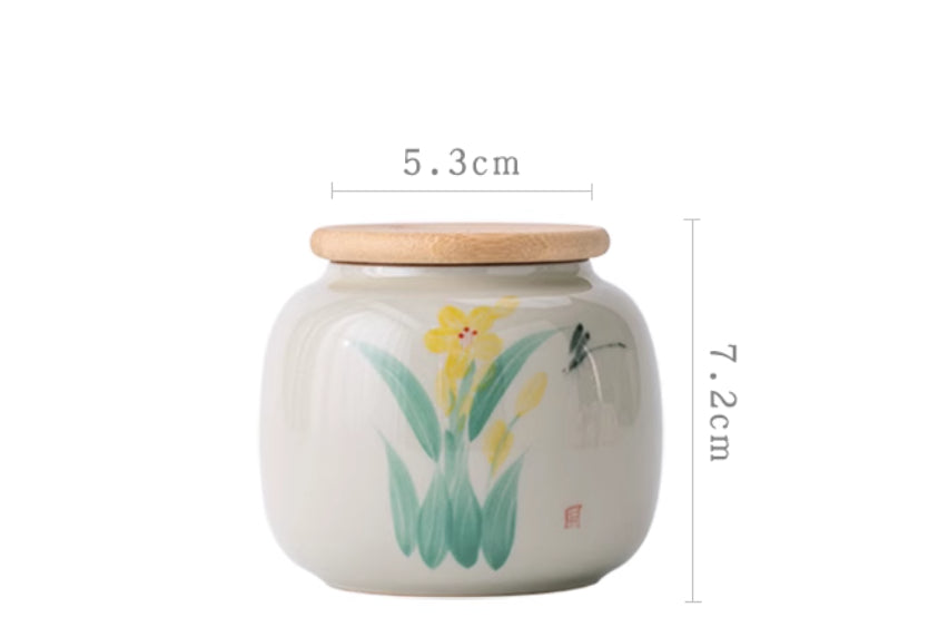 Wood Ash Hand Painted Orchid Tea Caddy Ceramic Underglaze Seal
