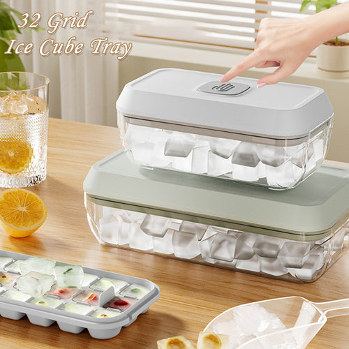32 Grid Silicone Ice Cube Tray Mould With Lid Shovel Storage Box Remove