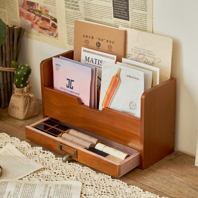 Retro Style Wooden Desktop Drawer Organizer Box - Office File Storage Cabinet
