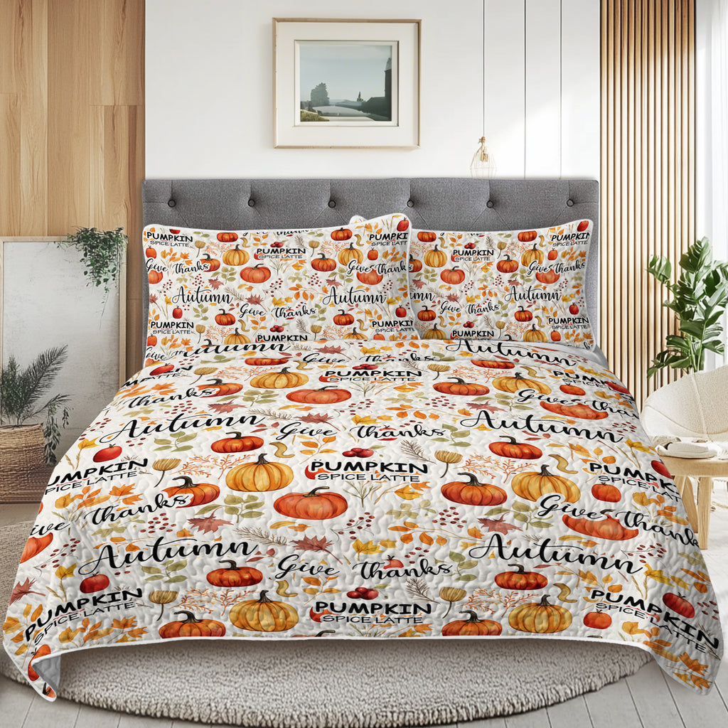 Pumpkin and autumn leaves quilt set with two matching shams