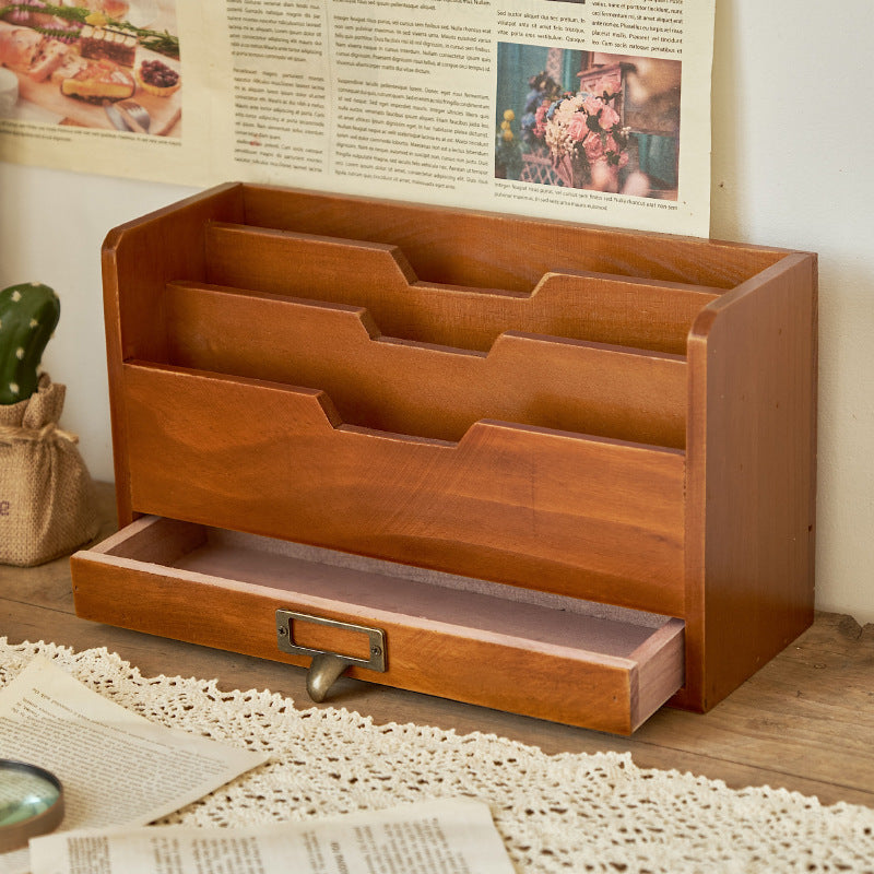 Retro Style Wooden Desktop Drawer Organizer Box - Office File Storage Cabinet