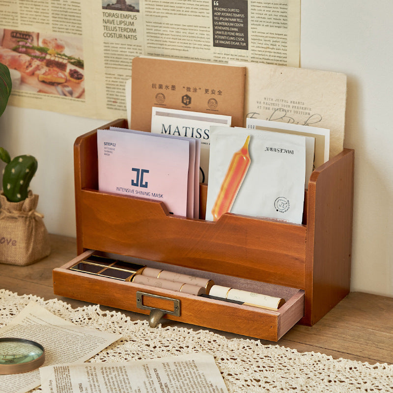 Retro Style Wooden Desktop Drawer Organizer Box - Office File Storage Cabinet