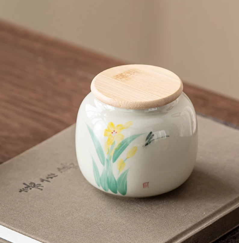 Wood Ash Hand Painted Orchid Tea Caddy Ceramic Underglaze Seal