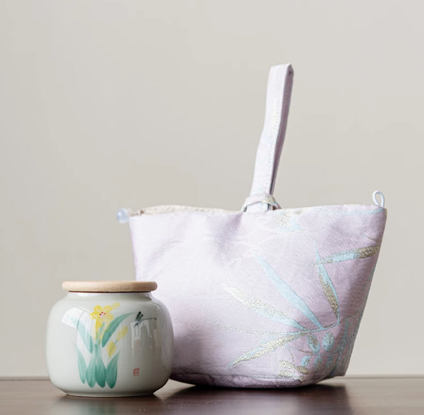 Wood Ash Hand Painted Orchid Tea Caddy Ceramic Underglaze Seal